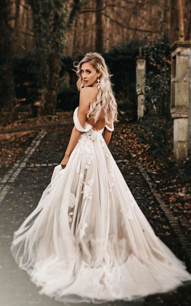 Unique Off Shoulder Floral Lace Wedding Dresses A Line Tulle Bridal Gown,WD0583