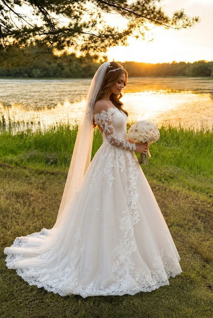 Classy Off-the-Shoulder Lace Long Sleeve Ball Gown Wedding Dresses with Train,WD0632