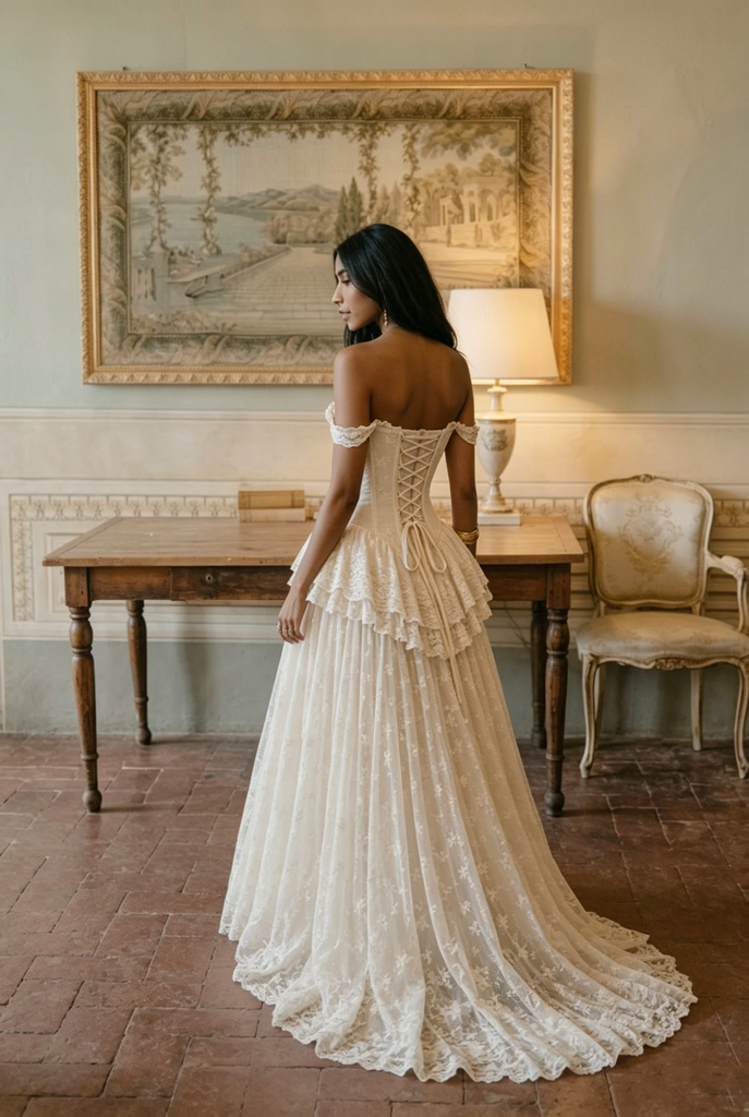 Elegant Off-Shoulder Corset Wedding Dresses Unique Lace A-Line Floor-Length Gown,WD0622
