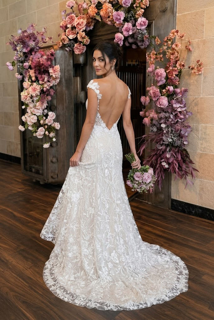 Elegant Lace Off-Shoulder Wedding Dresses Illusion Cap Sleeves Bridal Gown,WD0618