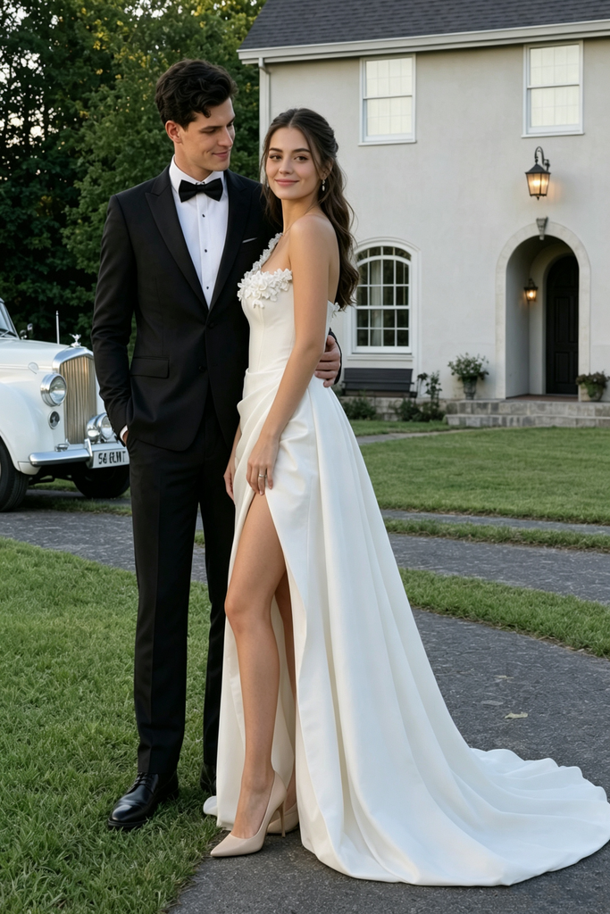 Modern One-Shoulder Satin Wedding Dresses Featuring Floral Applique High Slit,WD0630