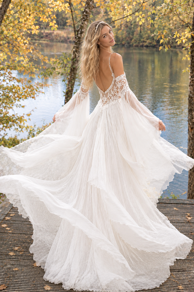 Beautiful Ivory V Neck Long Sleeve Pleated A Line Wedding Dresses,WD0664