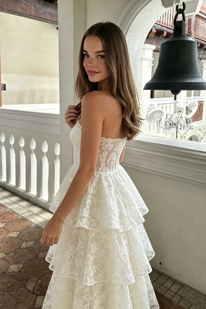 Stunning White Strapless A-Line Tiered Lace Wedding Dresses for a Beautiful Modern Bride,WD0629