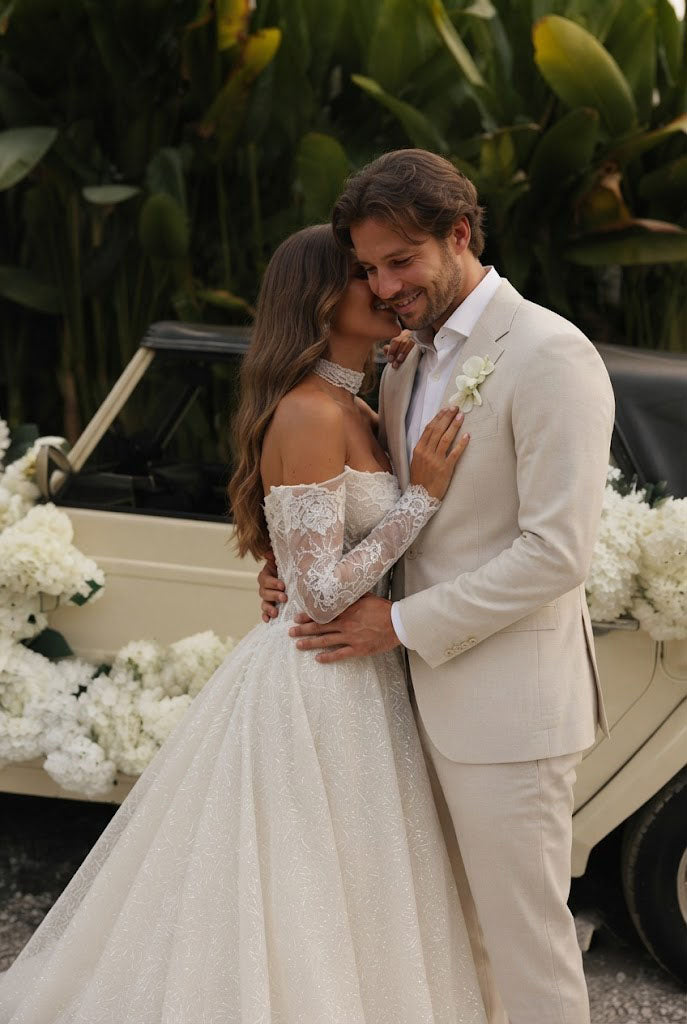 Stunning Off-The-Shoulder Lace Wedding Dresses With Sheer Long Sleeves,WD0635