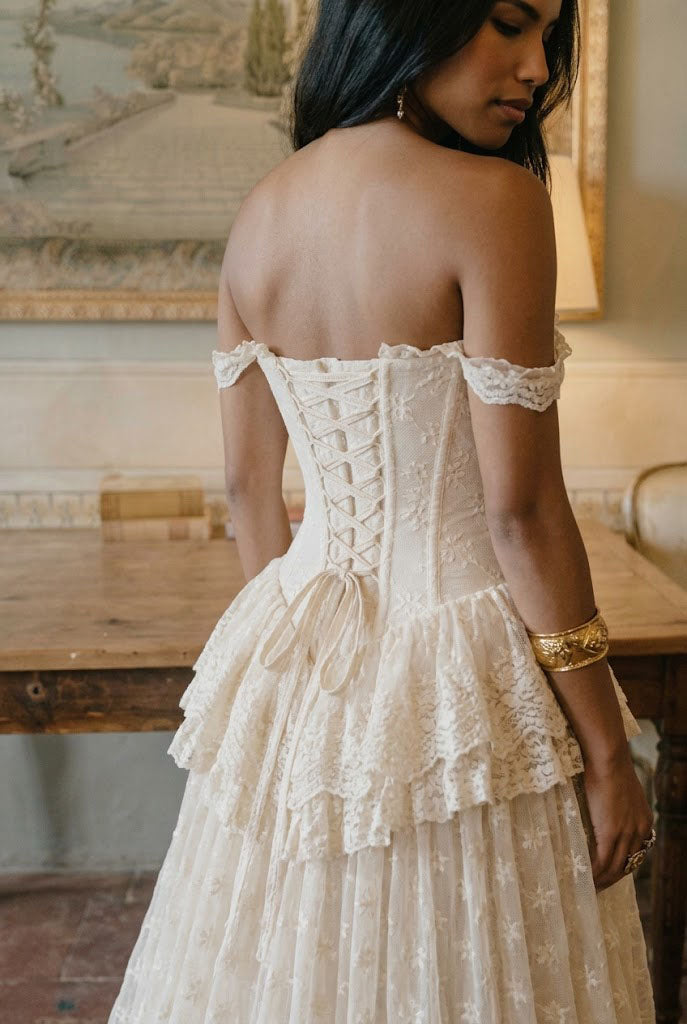 Elegant Off-Shoulder Corset Wedding Dresses Unique Lace A-Line Floor-Length Gown,WD0622