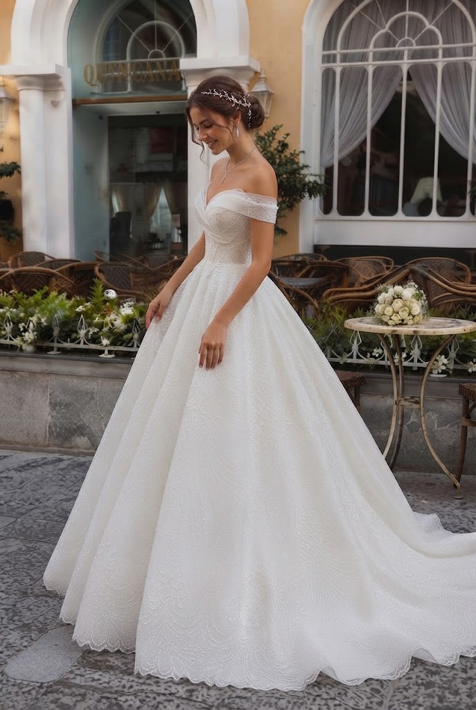 Beautiful Off Shoulder Lace Ball Gown Modern Tulle Wedding Dresses,WD0639