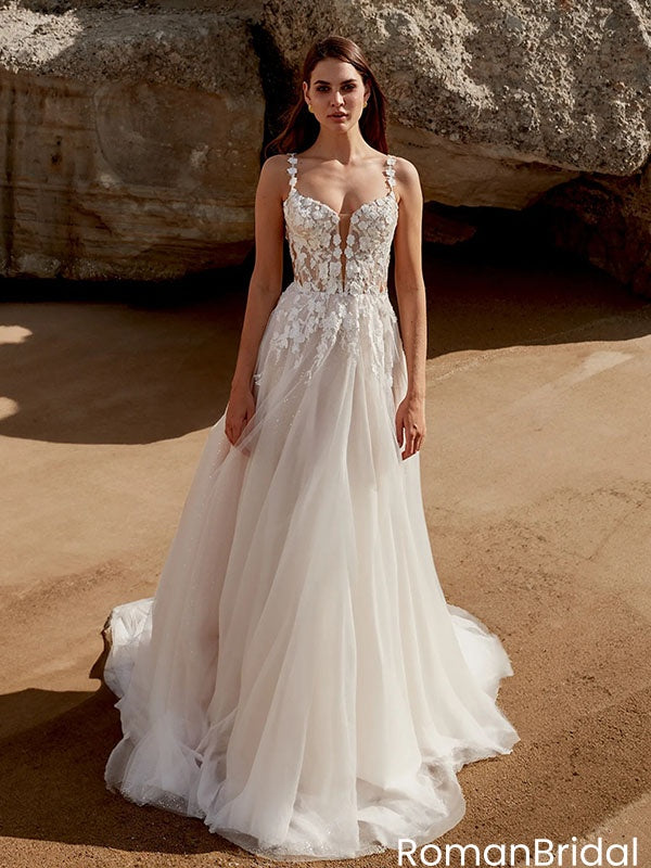 Exquisite Floral Lace Applique Illusion Bodice Tulle A Line Beach Wedding Dresses,WD0587