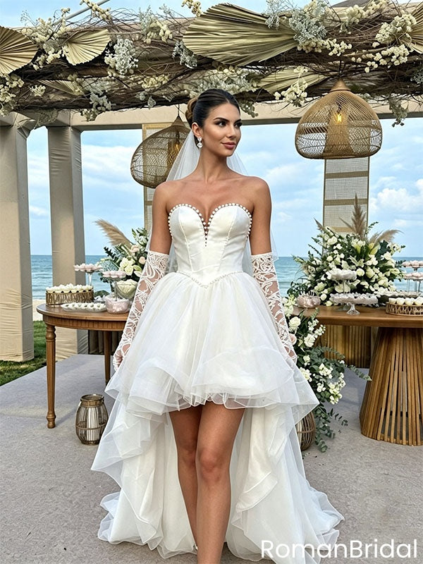 Modern Sweetheart Pearl-Trimmed High-Low Tulle Wedding Dresses with Sleeves,WD0633