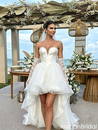 Modern Sweetheart Pearl-Trimmed High-Low Tulle Wedding Dresses with Sleeves,WD0633