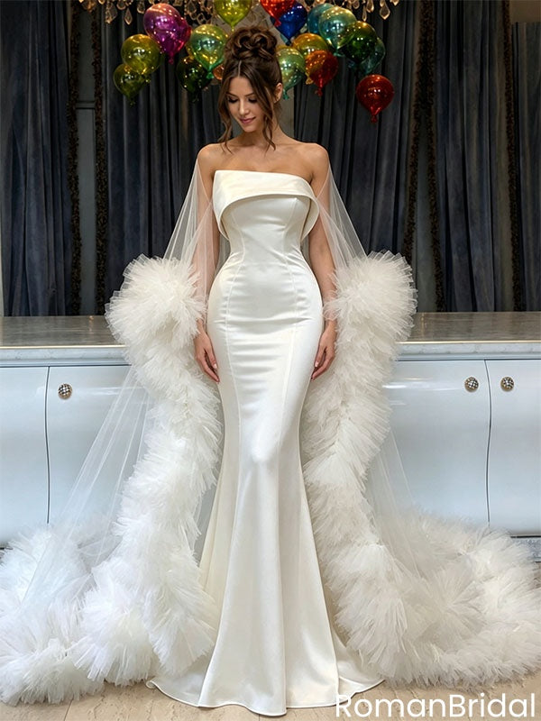 Fancy White Satin Mermaid Wedding Dresses Modern Strapless Gown With Tulle Trim,WD0627