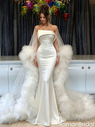 Fancy White Satin Mermaid Wedding Dresses Modern Strapless Gown With Tulle Trim,WD0627