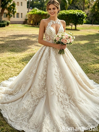 Fancy Lace Applique Wedding Dresses Illusion Halter Neckline Tulle Ball Gown,WD0603