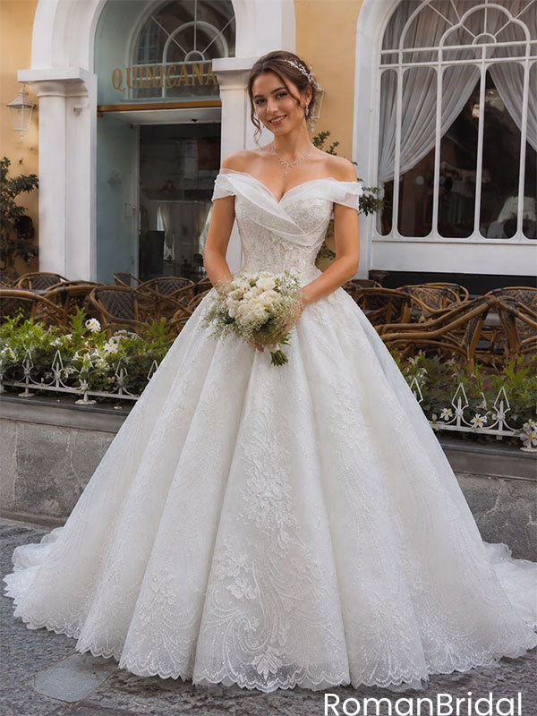 Beautiful Off Shoulder Lace Ball Gown Modern Tulle Wedding Dresses,WD0639