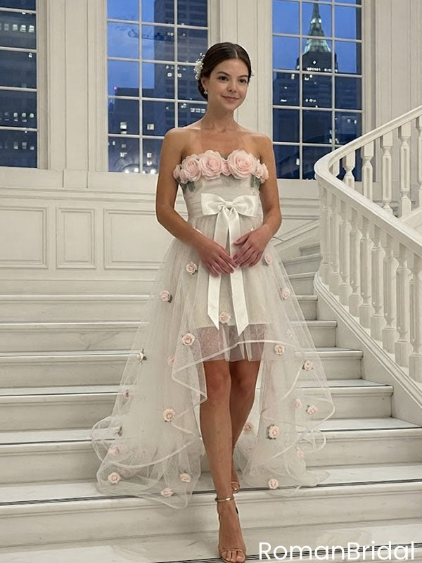 Classy Fancy Strapless High Low Wedding Dresses Ivory Tulle Rose Appliques,WD0624