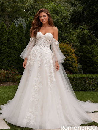 Beautiful White Lace A Line Wedding Dresses Featuring Romantic Off Shoulder Tulle,WD0608