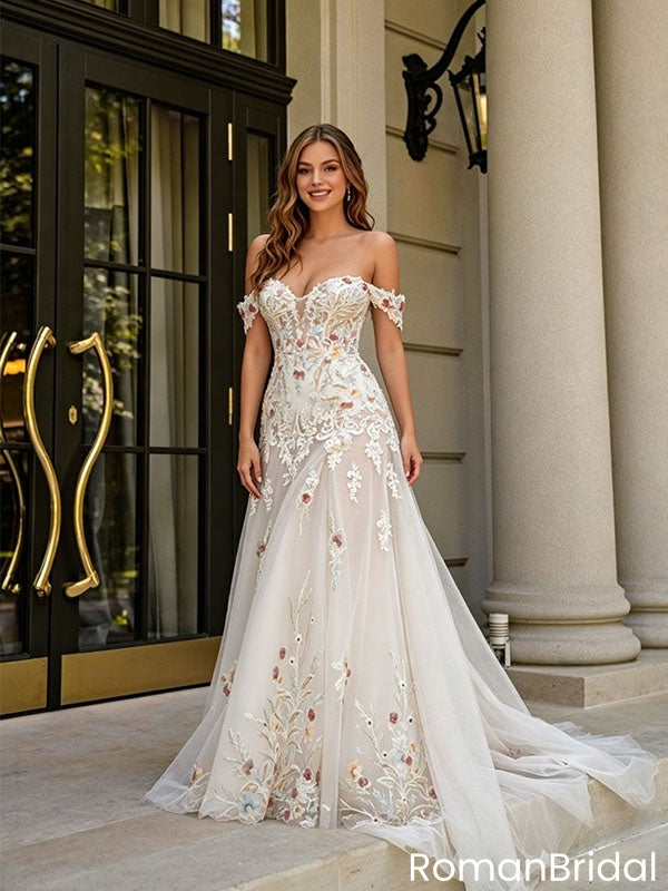 Classy Floral Applique Wedding Dresses Cold Shoulder V Neck Embroidery Tulle Dress,WD0600