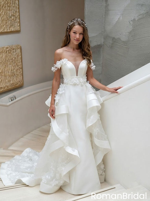 Beautiful 3D Floral Applique Wedding Dresses Classy Off The Shoulder Ballgown Train,WD0625