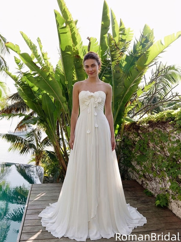Beautiful White Strapless Chiffon Floral Flowy Beach Wedding Dresses,WD0626