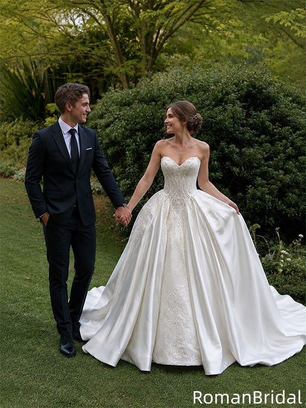 Beautiful Vintage White Wedding Dresses Strapless Ball Gown Satin A Line Bridal Gown,WD0613