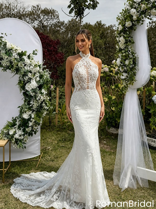 Fancy High Neck Halter Lace Mermaid Wedding Dresses with Illusion Cutout Back,WD0597