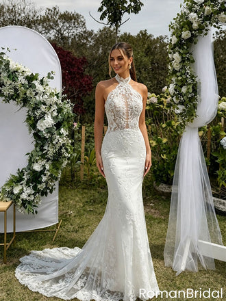 Fancy High Neck Halter Lace Mermaid Wedding Dresses with Illusion Cutout Back,WD0597