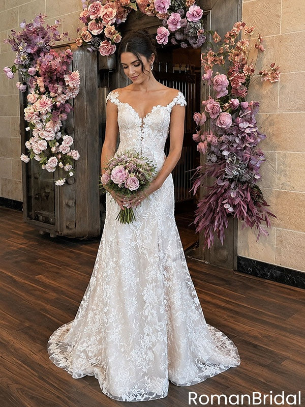 Elegant Lace Off-Shoulder Wedding Dresses Illusion Cap Sleeves Bridal Gown,WD0618