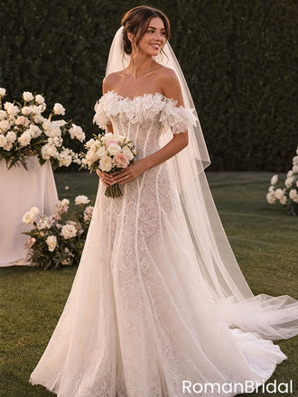Beautiful Lace Wedding Dresses Off-Shoulder Ruffled Corset Long Cathedral Veil,WD0610