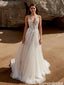 Exquisite Floral Lace Applique Illusion Bodice Tulle A Line Beach Wedding Gown,WD0587