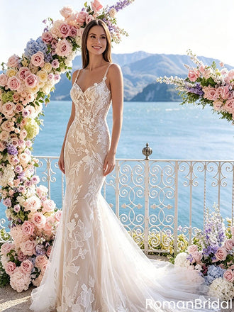 Elegant Floral Embroidered Mermaid Wedding Dresses With Delicate Spaghetti Straps,WD0607