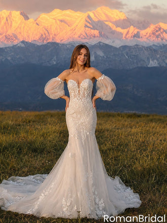 Trumpet Wedding Dresses Detachable Puff Sleeve Sweetheart Applique Tulle Bridal Dress,WD0602