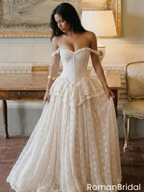 Elegant Off-Shoulder Corset Wedding Dresses Unique Lace A-Line Floor-Length Gown,WD0622