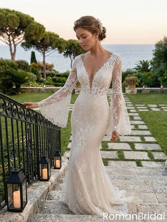 Elegant White Lace Bell Sleeve Mermaid Wedding Dresses Pretty V Neck Bridal Gown,WD0638
