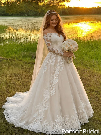 Classy Off-the-Shoulder Lace Long Sleeve Ball Gown Wedding Dresses with Train,WD0632