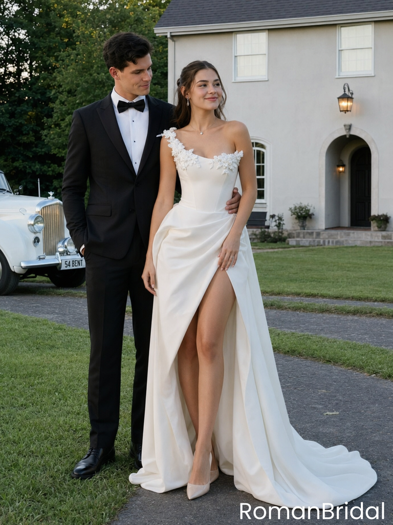 Modern One-Shoulder Satin Wedding Dresses Featuring Floral Applique High Slit,WD0630