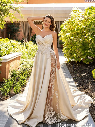 Stunning Champagne Lace Applique Wedding Dresses with Sheer Leg Slit,WD0609