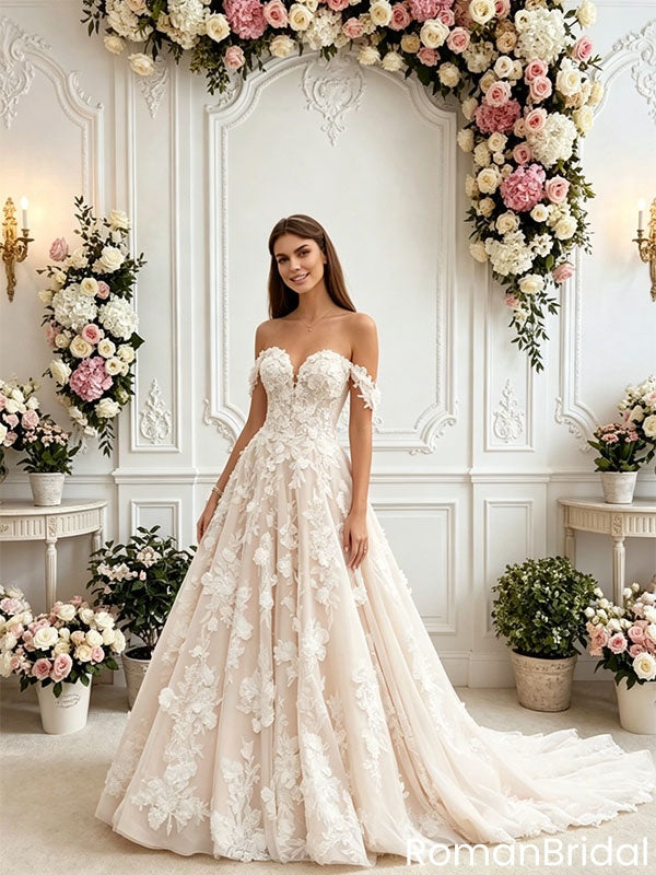 Elegant Off Shoulder Off-White Floral Lace A Line Wedding dresses,WD0588
