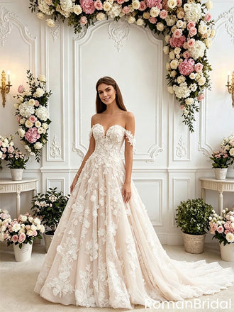 Elegant Off Shoulder Off-White Floral Lace A Line Wedding dresses,WD0588