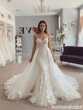 Luxury Strapless Lace Bridal Gown Elegant Mermaid Wedding Dresses Detachable,WD0621