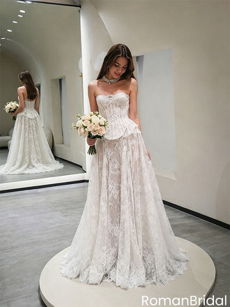Unique Strapless Corset Wedding Dresses Beautiful Lace Floor Length Bridal Gown,WD0619
