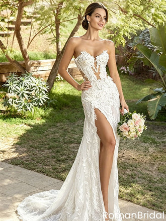 Sexy Deep-V Cutout Floral Lace Mermaid Wedding Dresses with High Slit,WD0605