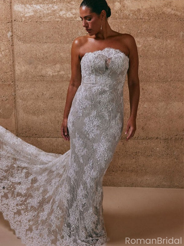 Sexy White Sweetheart Lace Mermaid Long Wedding Dresses With Sweep Trailing,WD0563