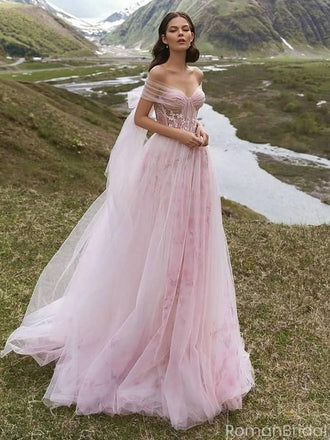 Elegnat Off-The-Shoulder Tulle Wedding Dresses Pink Floral Applique Fairy Style Ball Gown,WD0584