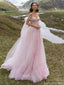Elegnat Off-The-Shoulder Tulle Wedding Dresses Pink Floral Applique Fairy Style Ball Gown,WD0584