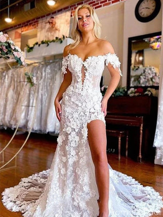 Floral White Off-Shoulder Mermaid Long Wedding Dresses With Sweep Trailing,WD0577
