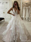Fancy V-Neck Tiered Tulle A-Line Long Wedding Dresses With Sweep Trailing,WD0581