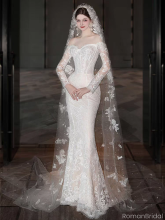 Elegant White Long Sleeve Mermaid Long Wedding Dresses With Sweep Trailing,WD0565