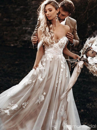 Unique Off Shoulder Floral Lace Wedding Dresses A Line Tulle Bridal Gown,WD0583