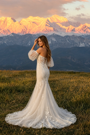 Trumpet Wedding Dresses Detachable Puff Sleeve Sweetheart Applique Tulle Bridal Dress,WD0602