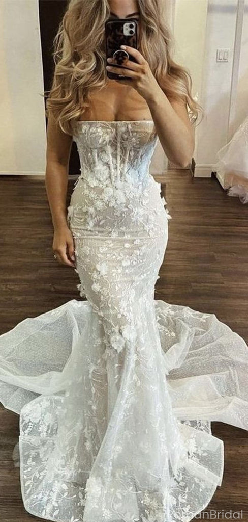 Sexy White Sweetheart Mermaid Long Wedding Dresses With Sweep Trailing,WD0567