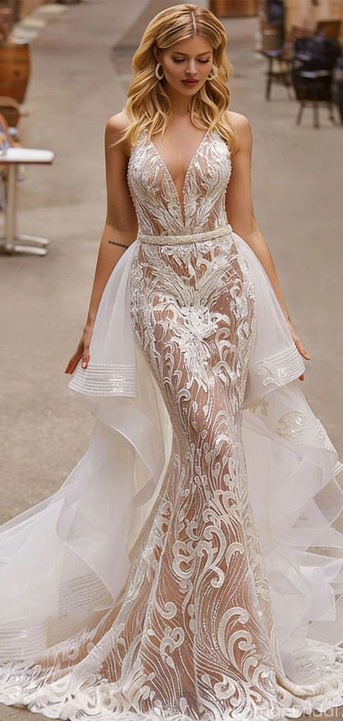 Elegant White Spaghetti Strap Mermaid Long Wedding Dresses With Sweep Trailing,WD0578